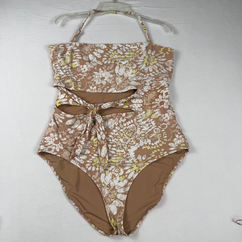 Aerie Cutout‎ Tie Front One Piece Swimsuit XXL Tan Floral Cottagecore Halter